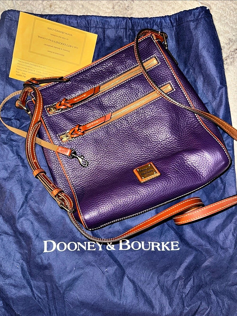 Dooney & Bourke Pebble Grain Double Zip Pocket Crossbody Shoulder Bag in Purple